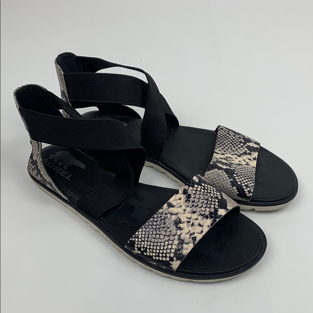 Sorel Ella II Black Creme Snakeskin Sandals flats Elastic cross ankle strap 10